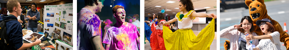 Student looking at display poster, Students splashed with color at Holi festival, Women performing a dance, Students pose with the Nittany Lion