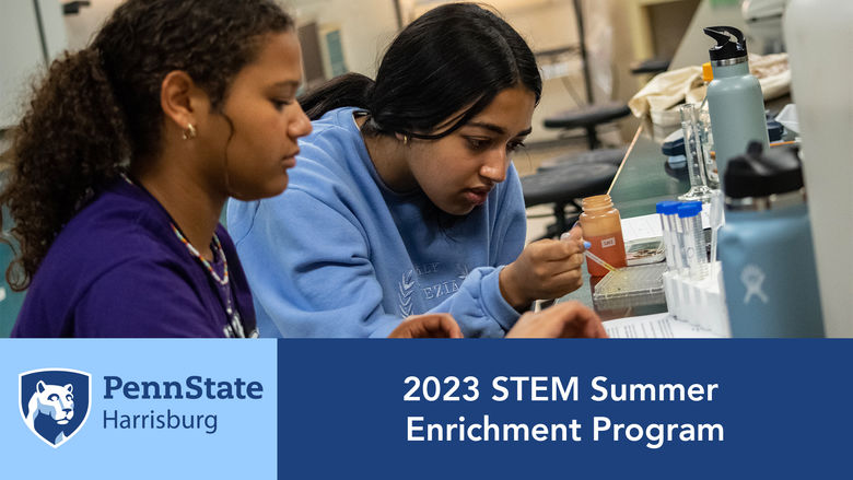 Two students work at a lab table with droppers and test tubes. Beneath the photo, text reads 2023 STEM Summer Enrichment Program
