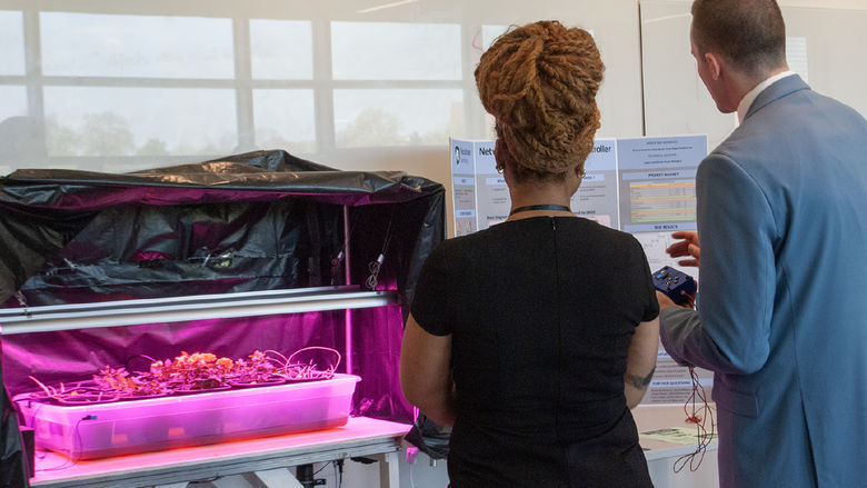Two people look at a research poster next to a tray of plants under a pink light