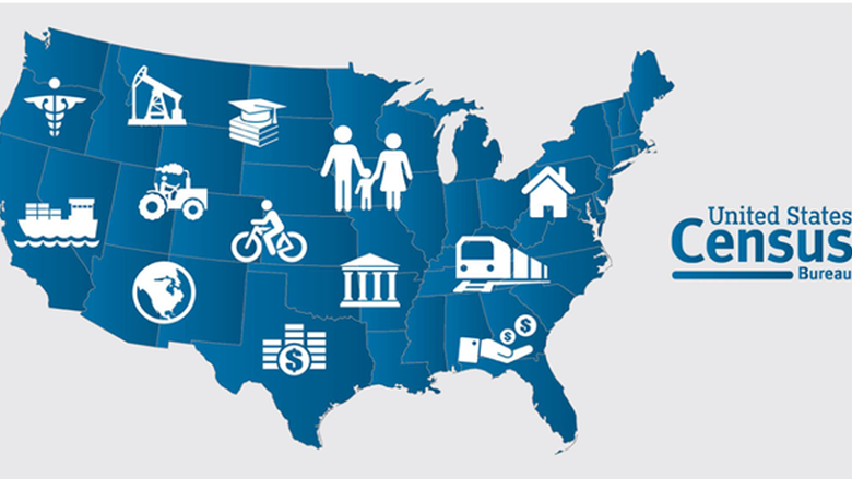outline of United States with icons about census 2020