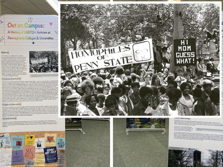 2 photos of tall banners on stands, 1 photo of 1972 crowd and 2 banners worded Homophiles of Penn State, Hi Mom Guess What