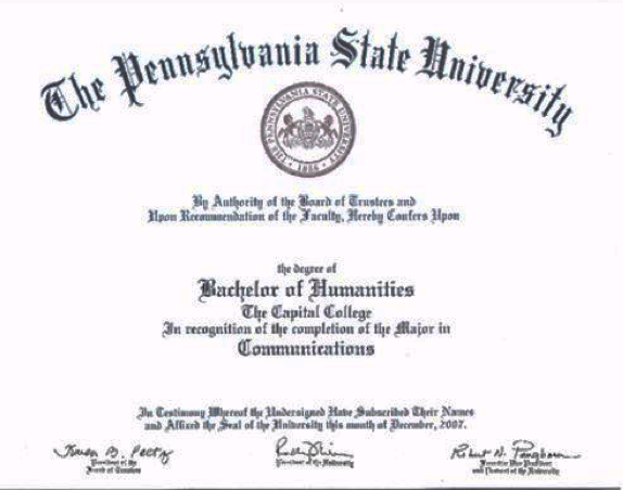 Example of diploma from Penn State Harrisburg campus