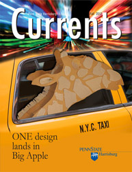 Magazine cover with a giraffe sculpture in a taxi