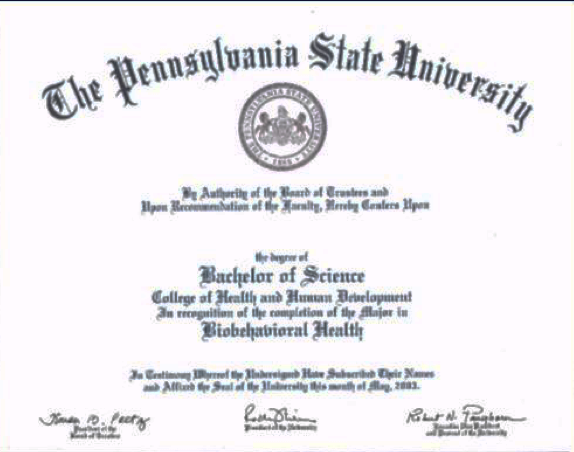 Example of diploma from Penn State main campus