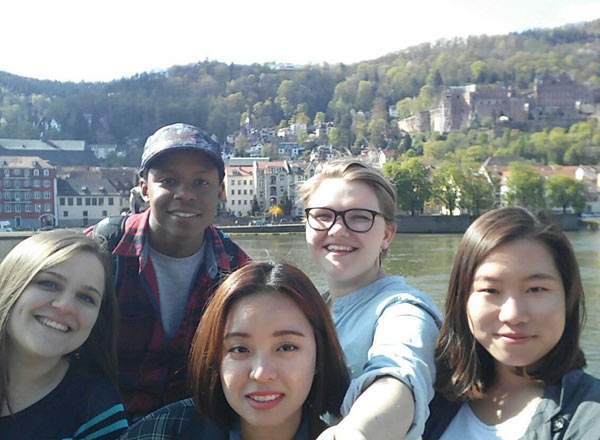 college exchange students posing for a selfie