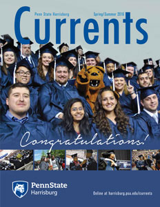 Magazine cover showing graduating students with the Nittany Lion mascot