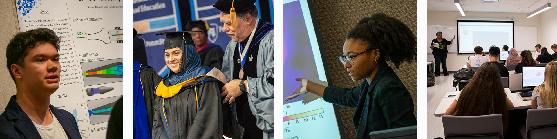 A male grad student discusses research during a poster session; a female grad student receives her hood at commencement; a female student points at her research on a screen; a classroom of students listens during a dissertation defense