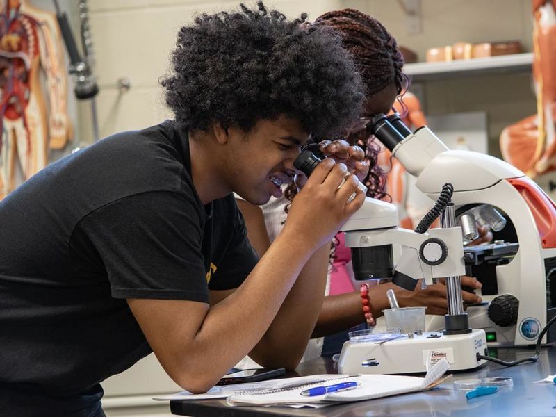 High schools students peer into microscopes