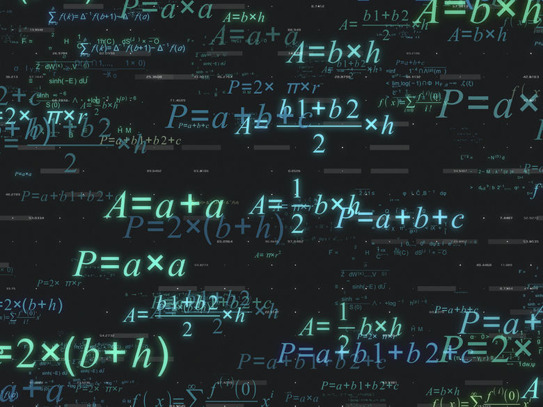 various mathematical equations and expressions written in different colors, primarily green and blue