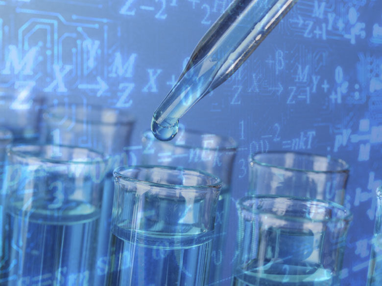 pipette dropping liquid into test tubes with equations in the background