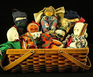 woven basket full of older, handcrafted toys