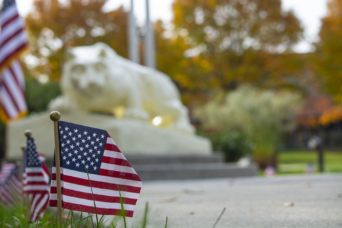 Photo of U.S. flags planted in the grass, with the Nittany Lion statue in the background