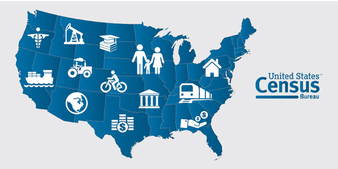 outline of United States with icons about census 2020