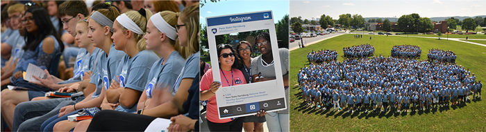 Left: Students in NSO Introduction ceremony, Middle: Students with PSU Instagram frame, Right: Students making the nittany paw