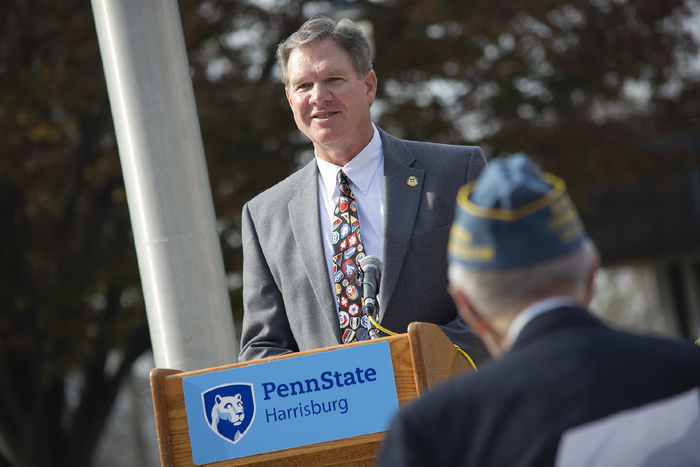 Doug Charney speaking at a Veterans Day ceremony