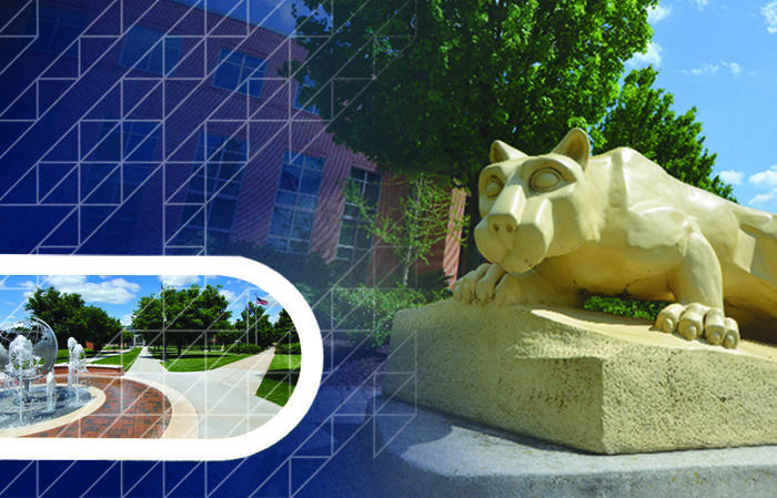 A collage of the Lion Shrine and the globe fountain on campus