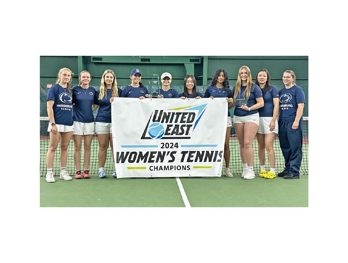 Harrisburg's women's tennis team holds a banner that says United East 2024 Women's Tennis Champions