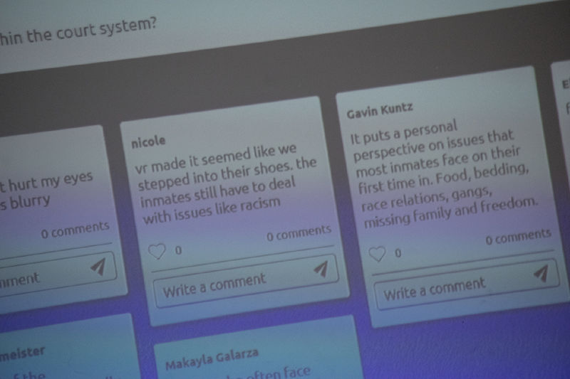 A screen shows criminal justice students' answers to a question about their experience using virtual reality