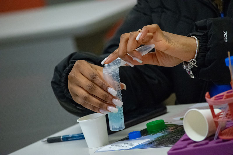 Closeup of a student's hands pouring liquid into a test tube