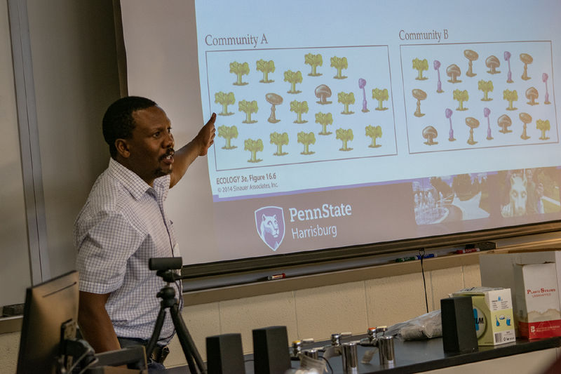 A professor points to images on a screen