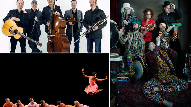 Collage of three photos of Lúnasa, The Paul Taylor Dance Company, and The Klezmatics
