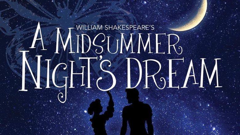 The words "William Shakespeare's A Midsummer Night's Dream" on a background of a dark sky with stars, moon, and the shadow of a man and woman