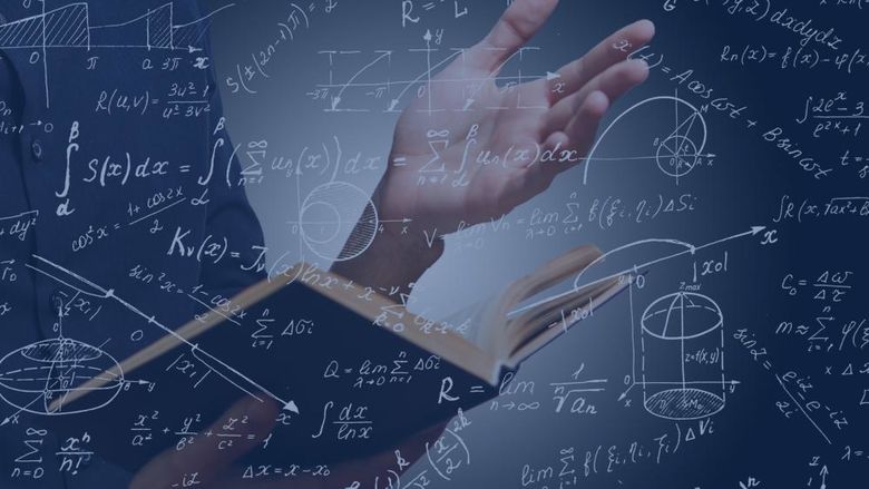 Math equations overlaying a picture of hands holding a book