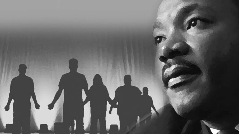 silhouettes of actors on stage superimposed with image of Dr. Martin Luther King, Jr.