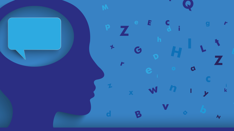 graphic of head with speech bubble inside with letters scattered around