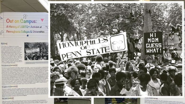 2 photos of tall banners on stands, 1 photo of 1972 crowd and 2 banners worded Homophiles of Penn State, Hi Mom Guess What