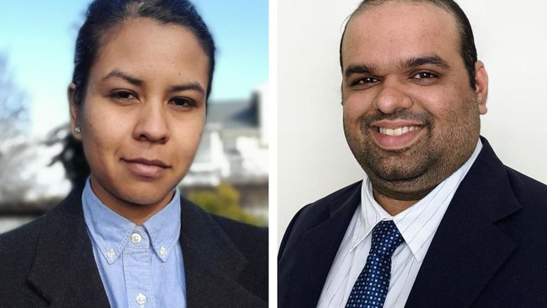 Side by side headshot photos of Penn State Harrisburg graduate student Catherine Suria and Nikhil Menon, assistant professor of civil engineering