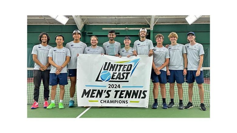 Harrisburg men's tennis team holds a banner that says United East 2024 Men's Tennis Champions