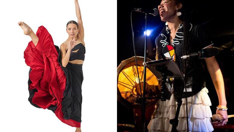 Side by side images, one of a Philadanco dancer and the other of Martha Redbone Roots Project