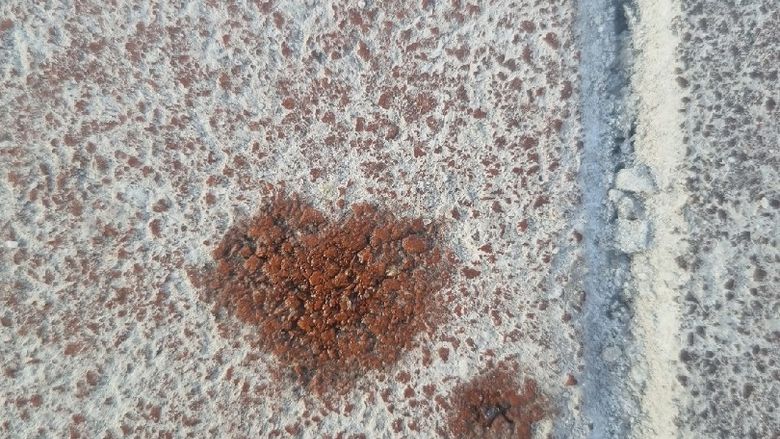 A water drop in the shape of a heart on a frosty sidewalk