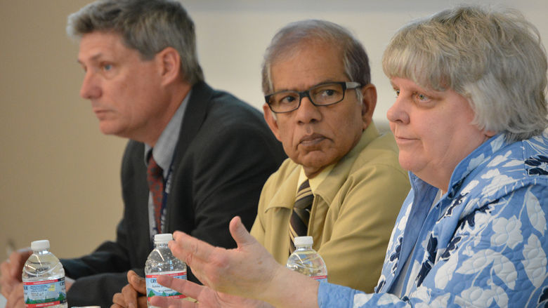 l to r: Nesmith, Sivarajah, and Cigler discus Flint crisis