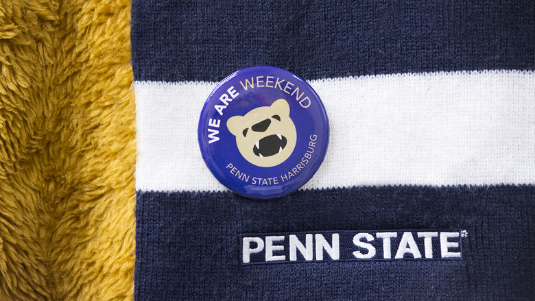 We Are Weekend Button on Penn State scarf