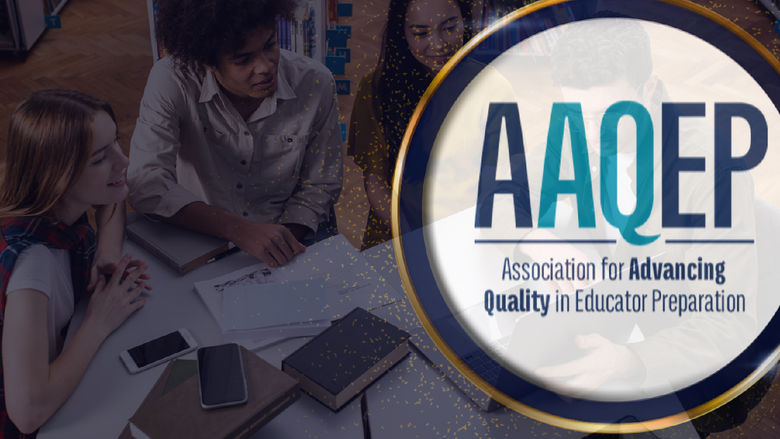 Students siting at library table and logo for the Association for Advancing Quality in Educator Preparation