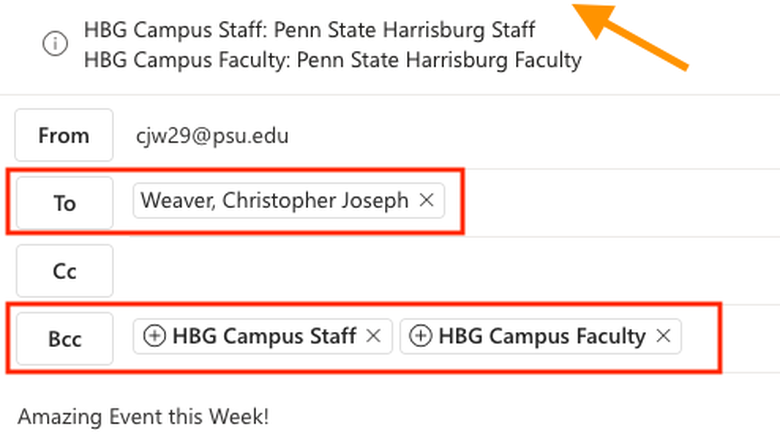 Don't place the list name in the TO: field. Instead, send to yourself or a unit colleague and place the list address in the BCC: field.