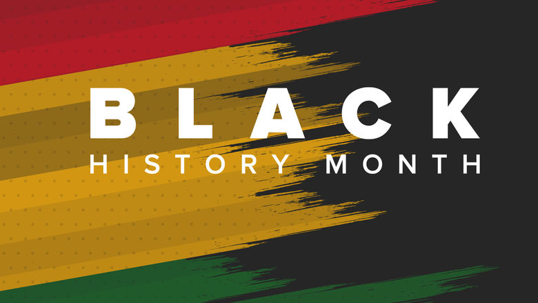 Paint strokes of black, red, yellow and black with the words "Black History Month" in white