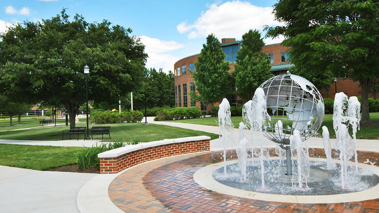 globe fountain on campus