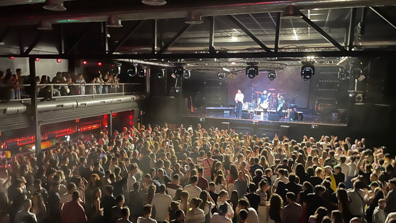 View of a band playing on a stage at a concert with an audience watching
