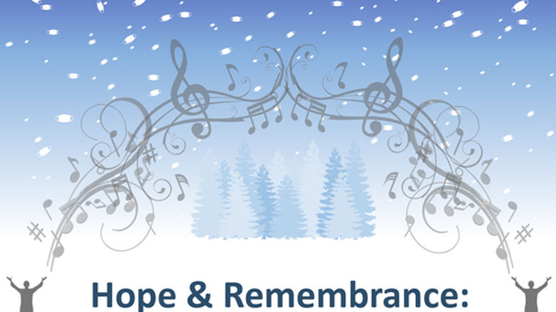graphic of winter scene with music notes and text that reads hope and remembrance: a Penn State Harrisburg music program performance