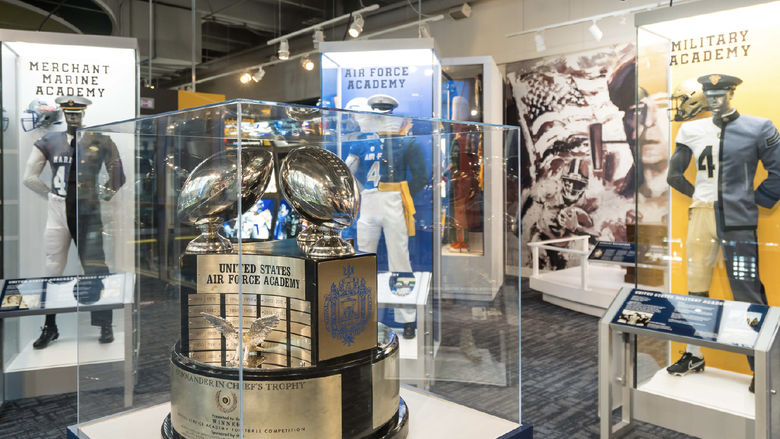 An exhibit on military football at the College Football Hall of Fame