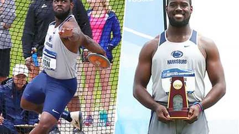 Split photo of Cameron Yon throwing the discus and posing with trophy