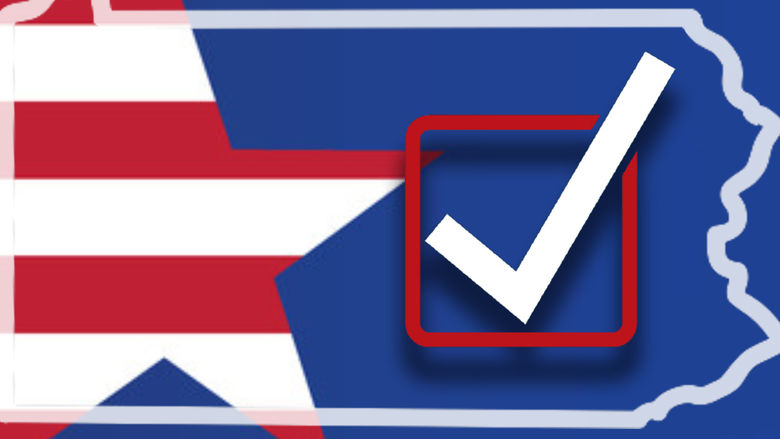 graphic of red, white and blue star, outline of Pennsylvania state and checkmark