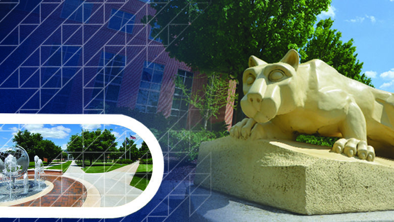 A collage of the Lion Shrine and the globe fountain on campus