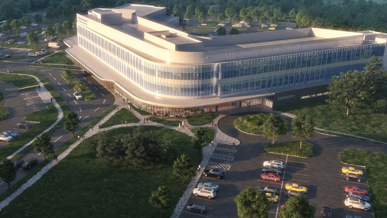 An aerial view artist's rendering of a future three-story hospital