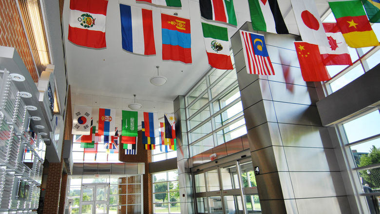 International flags in Olmsted Lobby
