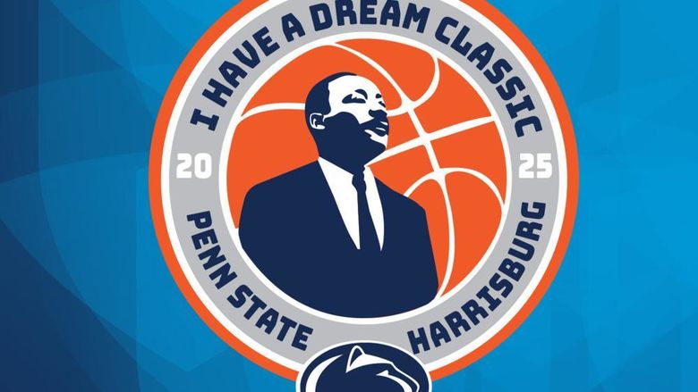 graphic features PSU athletics logo, image of MLK Jr. and basketball