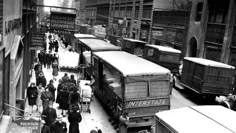 black and white photo of garment district in New York City, 1943